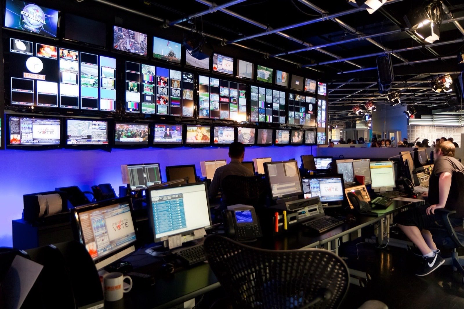 A broadcast studio control room.